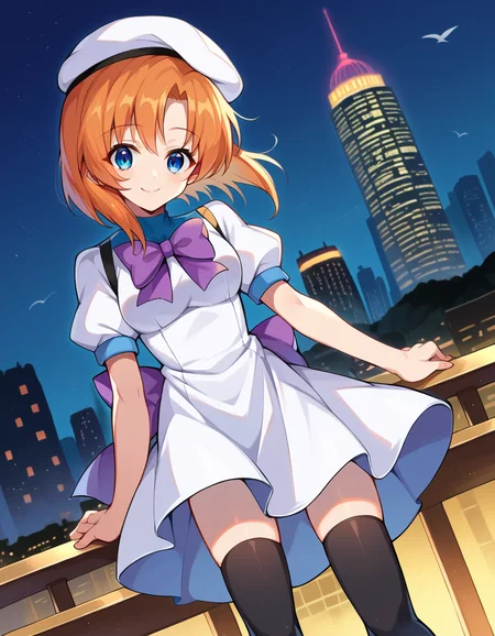 score_9, score_8_up, score_7_up, source_anime,
renaryuuguu, <lora:rena-ryuuguu-ponyxl-lora-nochekaiser:1>,
rena ryuuguu, orange hair, short hair, blue eyes,
beret, black thighhighs, bow, bowtie, dress, hat, puffy short sleeves, puffy sleeves, purple bow, purple bowtie, short sleeves, thighhighs, white dress, zettai ryouiki,
outdoors, cityscape, smile,
looking at viewer, dutch angle, cowboy shot,