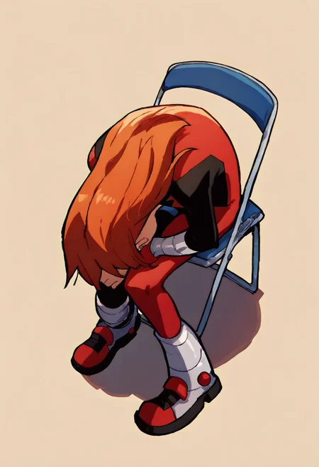 score_9, score_8_up, score_7_up, solo, 1girl, female focus, source_cartoon, 2D, solo, julie_power, red hair, flat chest, super_suit, shinjichair, sitting, head down, chair