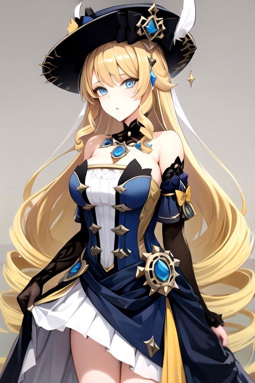navia, blonde hair, aqua eyes, drill sidelocks, drill hair, very long hair, medium breasts, strapless dress, hat, hat feather, gem, jewelry, cleavage, blue gemstone, bare shoulders, white skirt