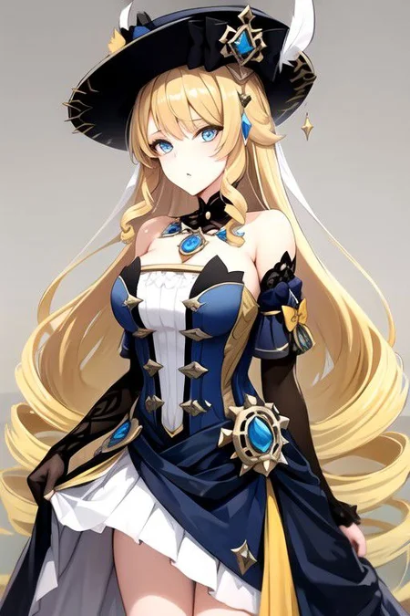 navia, blonde hair, aqua eyes, drill sidelocks, drill hair, very long hair, medium breasts, strapless dress, hat, hat feather, gem, jewelry, cleavage, blue gemstone, bare shoulders, white skirt