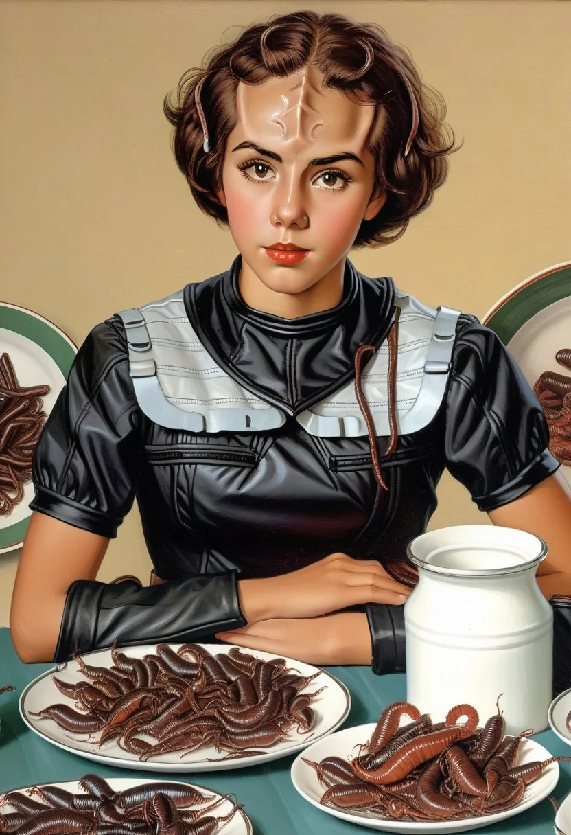 Norman Rockwell style 18yo girl, female kling0n alien, brown skin, forehead ridges, nose ridges, large eyebrows, short hair, leather skirt , study hard, (selling plates of worms)