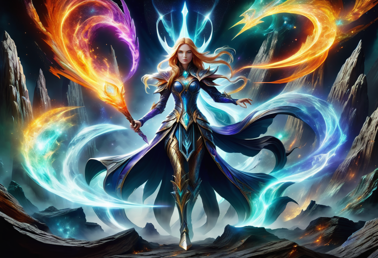 hyper detailed masterpiece, dynamic, awesome quality,  geological light DonMM4g1cXL magic, sorceress <lora:DonMM4g1cXL:1>