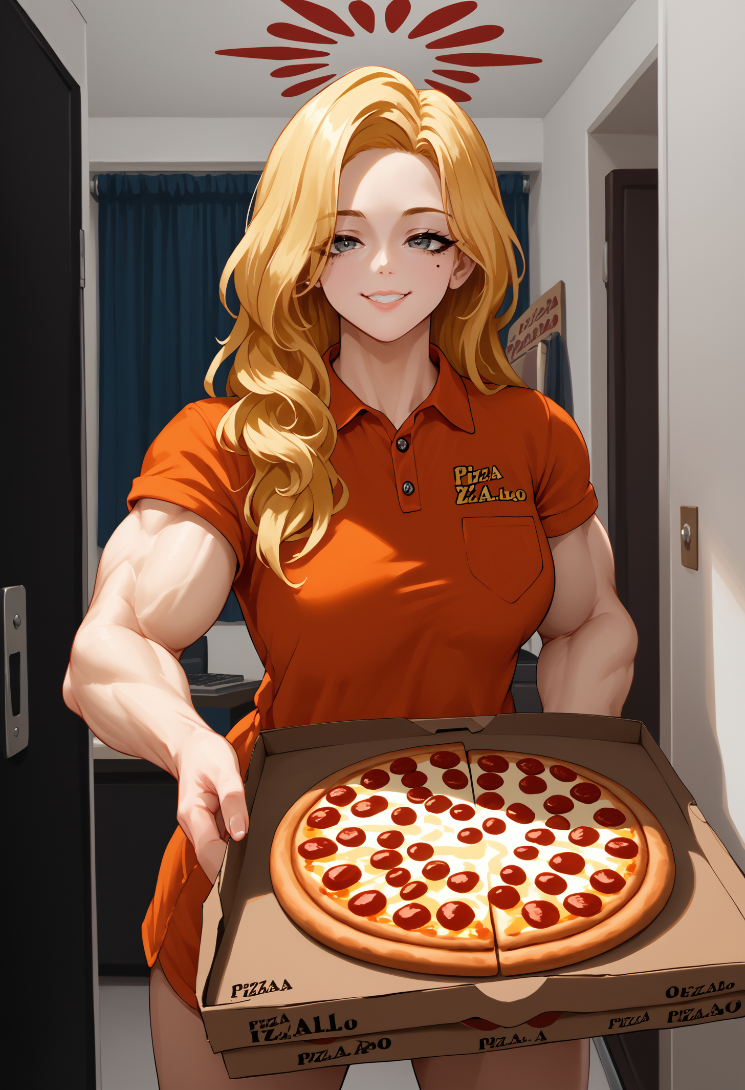 score_9, score_8_up, score_7_up, 1girl, akekur, grey eyes, blonde hair, long hair, mole under eye, red halo, large breasts, muscular female,
looking at viewer, smile,
indoors,
<lora:Kurihama-Akemi-PDXL_V1-Manityro-CAME:1.0>, <lora:GettingPizzaDeliveredPOV_pdxl_Incrs_v1:1.0>, pizza box, employee uniform, pov, pizza delivery, pizza,
