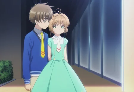 masterpiece, absurdres, highres, (anime screencap:2, anime coloring:2), official art, accurate art style, very aesthetic, flat colors, official screencap, style parody, proper proportions, CCS_Character-Pack, CCS_Clear Card, BREAK, 1girl, sakura kinomoto, brown hair, short hair, bangs, antenna hair, hair intakes, green eyes, sleeveless, dress, sleeveless dress, green dress, necktie, collared dress, yellow necktie, looking at side, worry, BREAK, 1boy, syaoran li, brown hair, short hair, bangs, thick eyebrows, yellowish brown eyes, blue sweatshirt, brown pants, warm smile, standing, BREAK, hetero, couple, BREAK, detailed background, outdoors, downtown Hong Kong, BREAK, cowboy shot, BREAK, vibrant colors, bloom, vignette, cinematic lighting, 75% soft lighting, 25% dark lighting