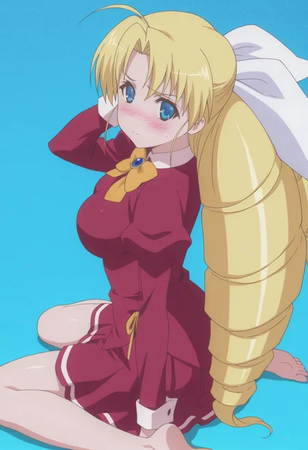 anime screencap, anime coloring, <lora:DX888Sernia:1> sernia iori flameheart, blue eyes, blonde hair,very long hair, twin drills BREAK simple background, blue  background, (honeycomb background:1.2),  BREAK   hair ribbon,bow, brooch, school uniform, red shirt, puffy sleeves, long sleeves, red skirt, BREAK    1girl, closed mouth, embarrassed, hand in own hair, hands in hair, holding, holding own hair, looking at viewer,  nose blush,  sidelocks, sweatdrop, (twintails:1.3), upper body,  from side, from above,  wariza, soles,