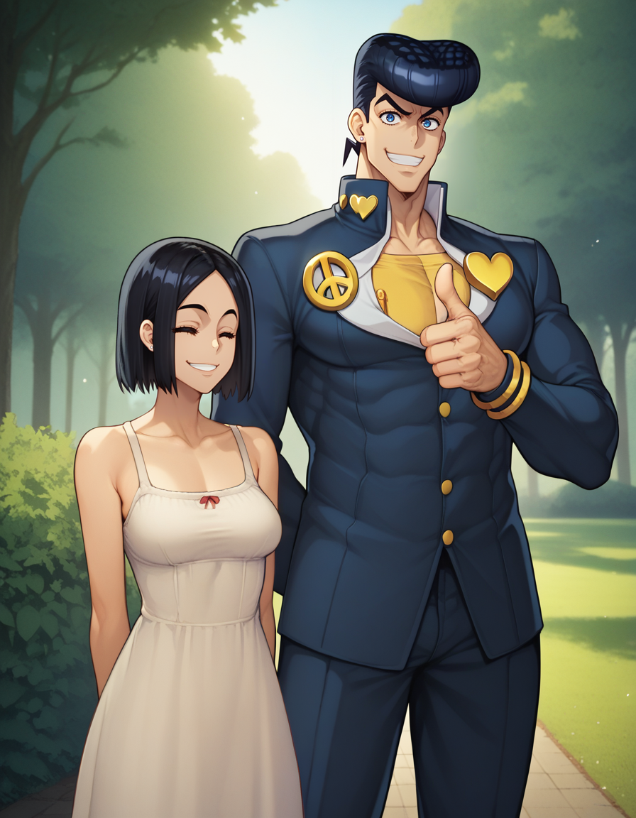 score_9, score_8_up, standing next to each other, cowboy shot, park, sunlight, height difference, <lora:Shindol_V1-000015:1.4>  
1girl, black hair, medium hair, bob cut, medium breasts,  looking at viewer, (smile, closed mouth:1.1), closed eyes, sundress, arms behind back, 
1boy, Josuke Higashikata, Pompadour, stud earrings, blue eyes, gakuran, school uniform, anchor symbol, heart symbol, fit, grin, (thumbs up:1.1) <lora:LORA_Josuke_Higashikata_V2:.6>