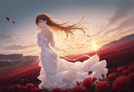 best quality,amazing quality,very aesthetic, absurdres, masterpiece, landscape, environmental, landscape, atmospheric, dead flowers field, golden hour, cliff, 1 girl, (crying:1.2, tears:1.2), long flowing dress blowing in the wind, field full of (dead roses:1.2), gbf_style, faded dead roses, broken hearts
