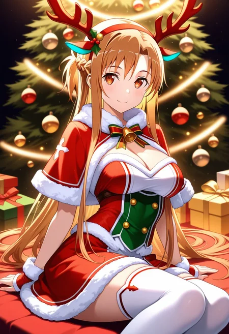 masterpiece, vibrant colours, HD32K, highly detailed, asuna (sword art online), christmas antler headband, christmas-themed classic outfit, vibrant, smile