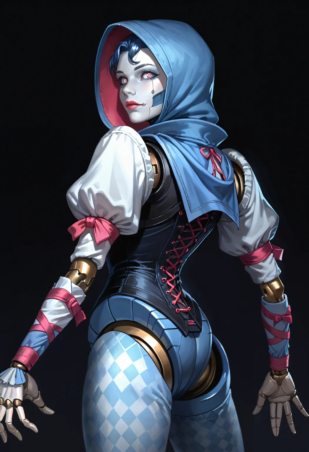 score_9,score_8_up,score_7_up,score_6_up,dark background,d0llf4ce,1girl,solo,robot,joints,hood,android,metal skin,mechanical legs,argyle pants,puffy sleeves,blue skin,grey skin,pink ribbon,blue sclera,medium breasts,pink eyes,humanoid robot,corset,looking at viewer,from side,standing,blue hair,from behind,<lora:MyTrainings\Temp\Apex\Ash_Dollface_Pony_ARZUMATA.safetensors:0.6>