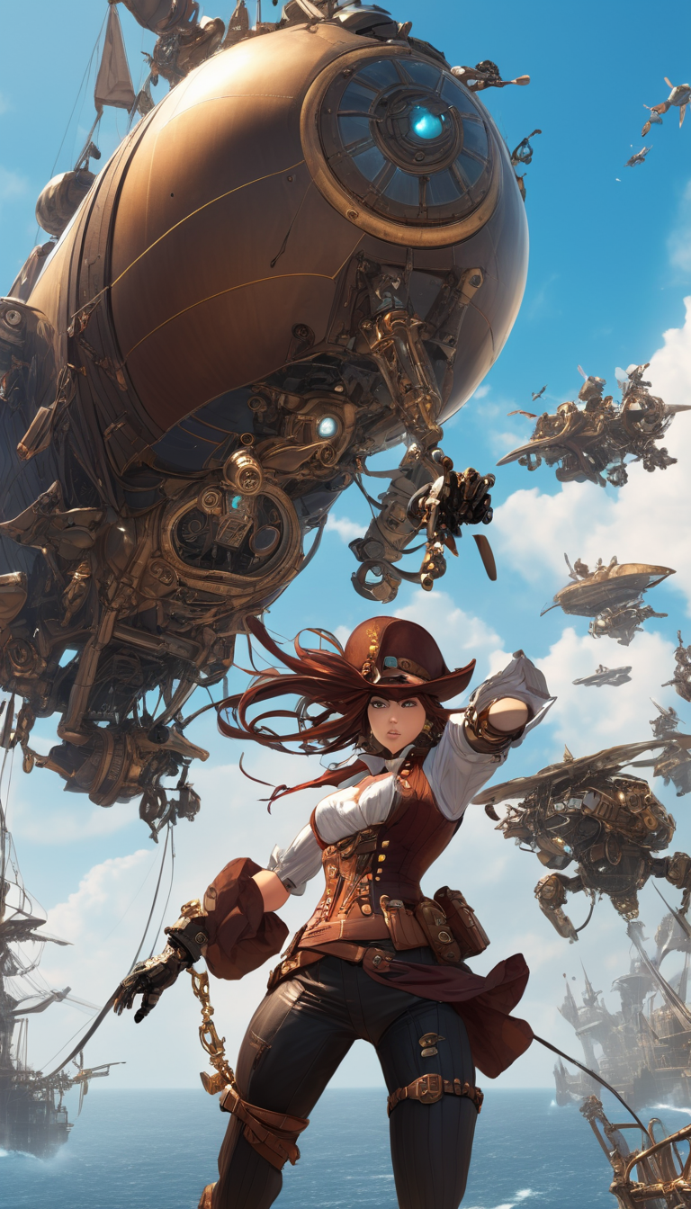 Cinematic scene, hero view, a steampunk female pirate fighting robots on a airship, action pose, detailed background, masterpiece, best quality, high quality, highres, absurdres, steampunk <lora:steampunk_xl_v1:1>