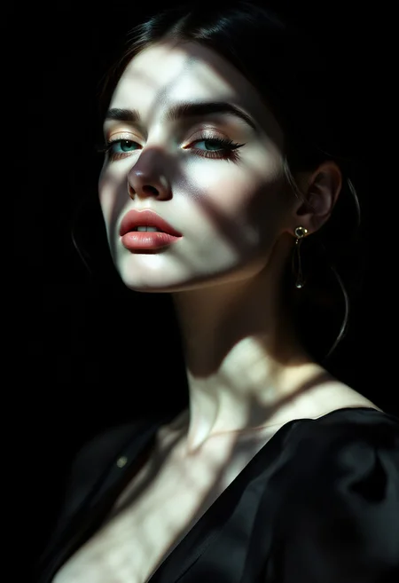highly detailed portrait photograph, HD, 8K quality, ultra-detailed masterpiece artwork featuring a dramatic interplay of light and shadow on the face of a model. Her pale complexion glows under soft and sharp light beams, emphasizing her enigmatic expression as subtle illumination accentuates her features against deep, mysterious shadows. She wears an elegant and refined Met Gala dress, styled in classic fashion without any overt futuristic elements. The deep black background intensifies the composition, creating a striking balance between light and dark for a timeless, captivating allure.