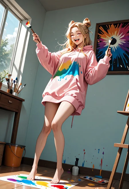 masterpiece, best quality, source_cartoon, 1girl, woman, Bunij, blonde hair, hair buns, brown eyes, large oversized hoodie, hoodie dress, bare legs, bare feet, happy, laughing, Expressiveh, holding paint brush, painting, colorfull paint everywhere, dynamic pose, dynamic angle, detailed background, empty room, white walls, colorfull paint splashes on walls, sunny day, highly detailed