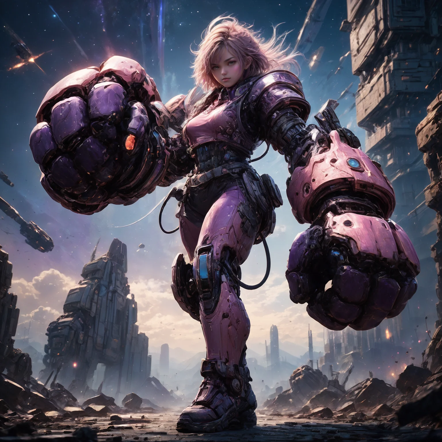 amazing quality, masterpiece, best quality, hyper detailed, ultra detailed, UHD, HDR, DOF, depth of field, perfect anatomy, sci-fi,
1girl, (purple hybrid pink:1.1) giant mechanical arms, fighting stance, fist, hand up,
glowing, shine, dazzling,( universe space:1.2),
<lora:cfc-giant-mechanical-arms:0.8>,
<lora:add-detail-xl:0.85>,
<lora:EnvyBetterHiresFixXL01:1.0>,
<lora:extremely_detailed:1.0>, extremely detailed,