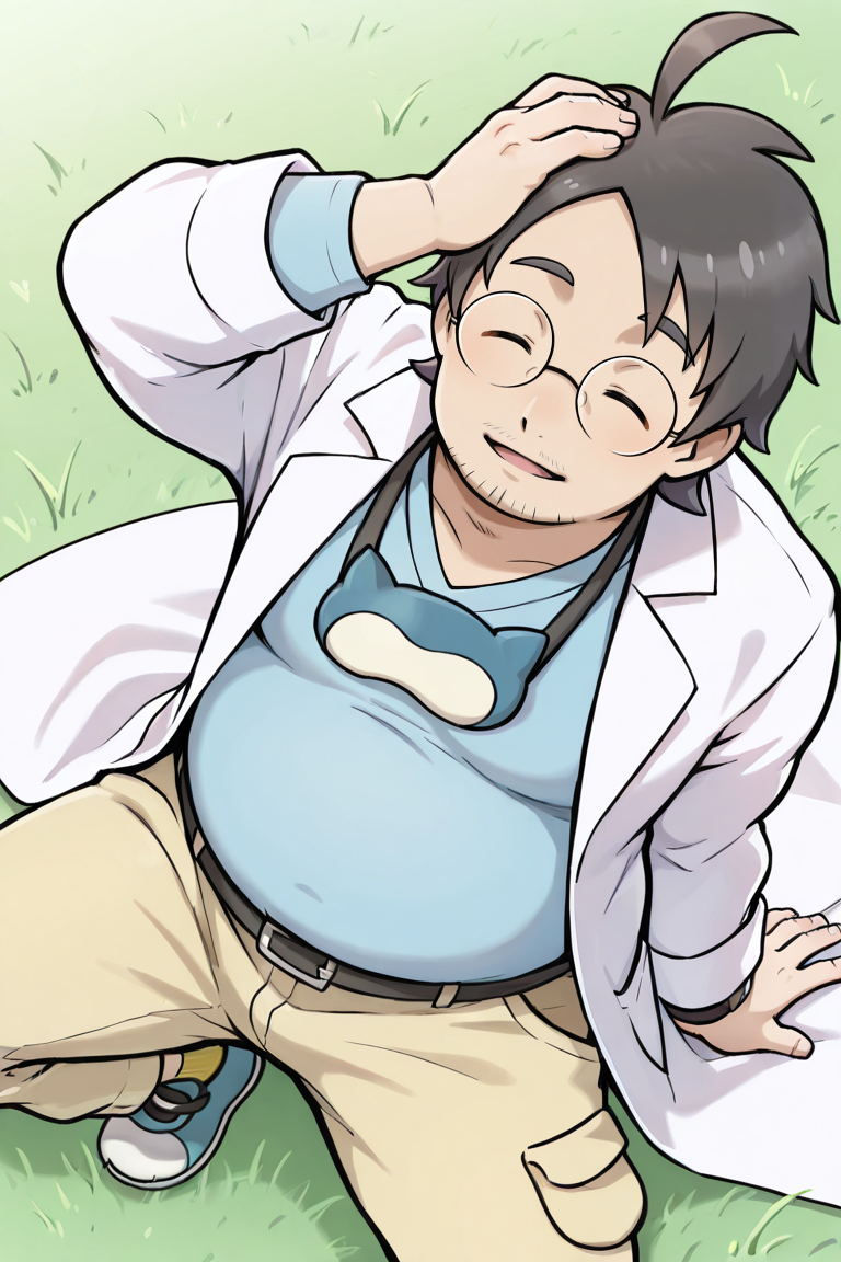 perfect anatomy, perfect proportions, best quality, masterpiece, high_resolution, high quality, best aesthetic, incredibly absurdres, highres, extremely detailed, huge filesize, solo male, adult, mature, masculine, manly, handsome, charming, alluring, fully body, dutch angle, cowboy shot, perfect face,  source_game \(Pokemon\), official style \(Pokemon\), Professor Neroli\(Pokemon\), PKMNeroli, black hair, ahoge, closed eyes, round glasses, facial hair, stubble, chubby PKMNeroli_outfit, snorlax eye mask, eye mask on neck, eye mask around neck, light blue shirt, scrubs shirt, white labcoat, long labcoat, khaki pants, yellowsocks, black shoes,  sitting on grass ground, relaxed pose, leaning slightly, one knee bent upward, other leg extended, (hand supporting head), legs spread, contemplative expression, guarded posture, view from above, 