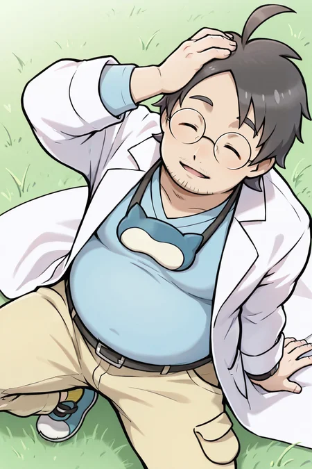 perfect anatomy, perfect proportions, best quality, masterpiece, high_resolution, high quality, best aesthetic, incredibly absurdres, highres, extremely detailed, huge filesize, solo male, adult, mature, masculine, manly, handsome, charming, alluring, fully body, dutch angle, cowboy shot, perfect face, source_game \(Pokemon\), official style \(Pokemon\), Professor Neroli\(Pokemon\), PKMNeroli, black hair, ahoge, closed eyes, round glasses, facial hair, stubble, chubby PKMNeroli_outfit, snorlax eye mask, eye mask on neck, eye mask around neck, light blue shirt, scrubs shirt, white labcoat, long labcoat, khaki pants, yellowsocks, black shoes, sitting on grass ground, relaxed pose, leaning slightly, one knee bent upward, other leg extended, (hand supporting head), legs spread, contemplative expression, guarded posture, view from above,