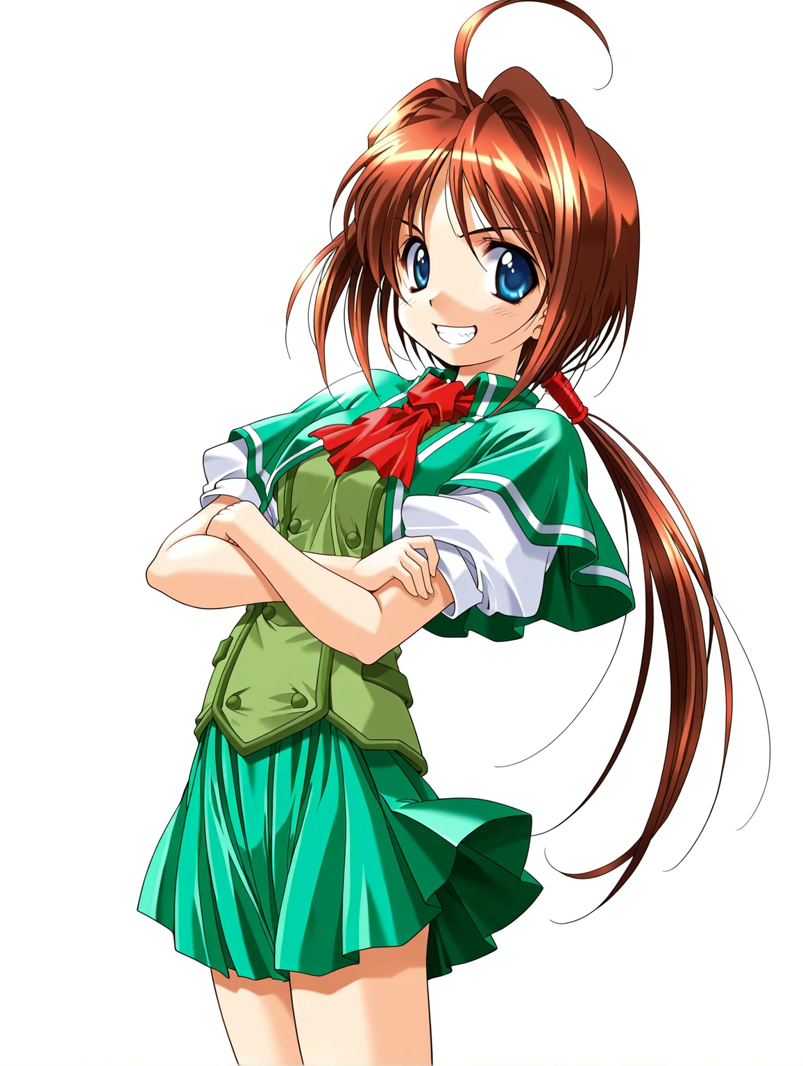 masterpiece,best quality,amazing quality,
1girl,solo,
<lora:wakatsuki_kotomi_ilxl_v1.0:1>,w_kotomo,ahoge,brown hair,blue eyes,low ponytail,long hair,
k_clothes,green capelet,ascot,green vest,puffy short sleeves,green pleated skirt,
<lora:Fixhands_anime_bdsqlsz_V1:1>,crossed arms,grin,white_background,simple_background,
