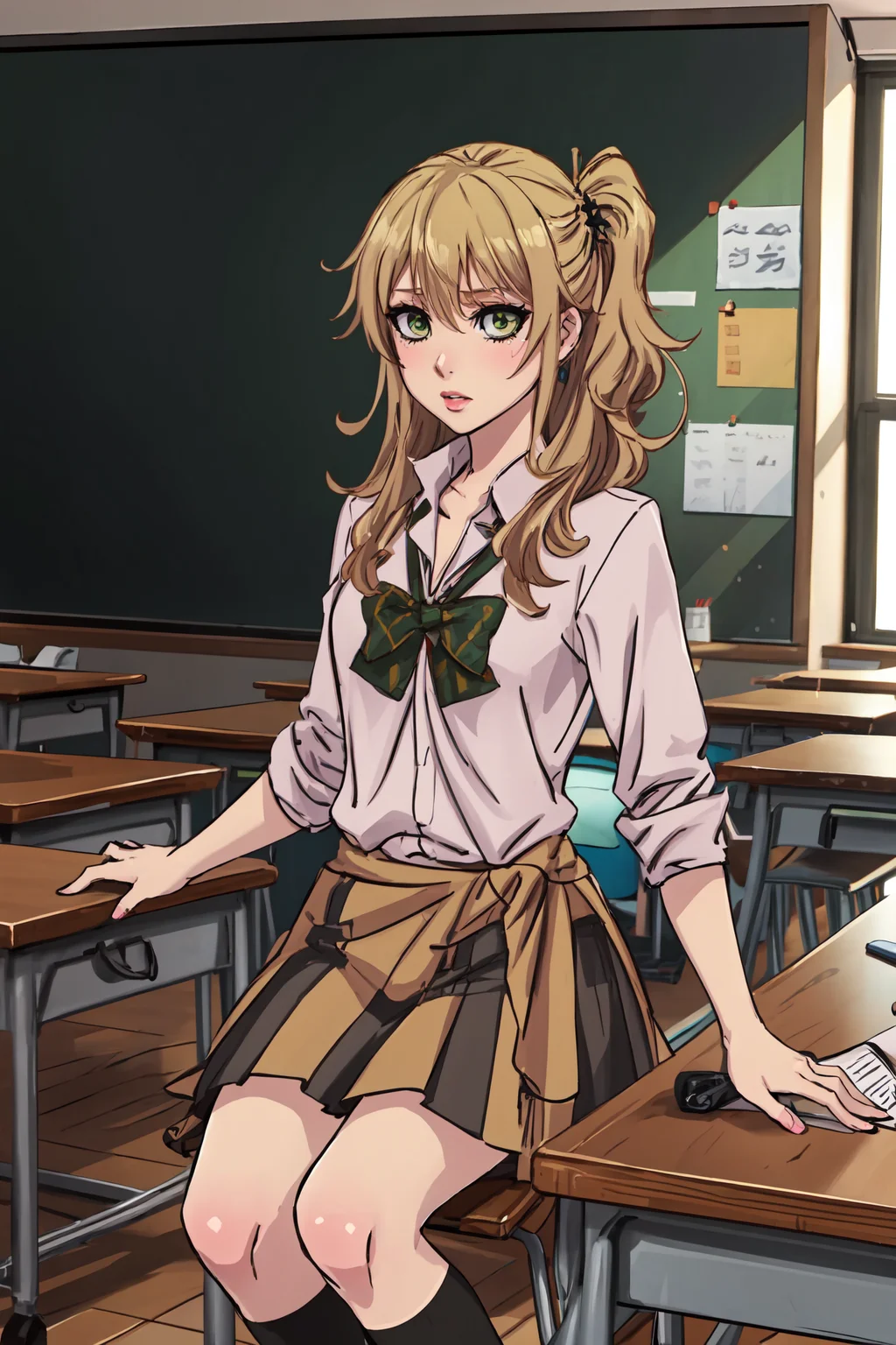(masterpiece:1.2), ultra detailed, <lora:YuzuAihara:0.8>, Aihara, (gyaru school uniform:0.8), school, classroom, desk, chair, sitting, best quality