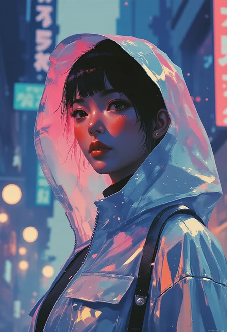 (Highly detailed, hyper-realistic, cinematic, dramatic style) photograph featuring a (Chinese woman) standing in a (futuristic urban setting). She wears a sleek, (reflective silver hooded jacket) that glows under ambient neon lighting, casting striking (pink and teal reflections) on her (dark skin). The hood is semi-transparent, with soft lighting from the neon outlining its edges, creating a (mysterious aura) around her face. The jacket's surface has a (metallic sheen), emphasizing the futuristic nature of her attire.
Her expression is intense and focused, conveying both confidence and contemplation, her eyes slightly hidden in the shadows of the hood, drawing the viewer into the scene. She stands tall with her arms relaxed at her sides, subtly framed by the glowing city lights in the background. The (neon-lit cityscape) blurs in the distance, with (vibrant colors) and sharp contrasts that create a striking visual against the (soft gradient of deep purple and blue tones).
Camera details: Leica M11, 50mm f/1.2 lens, shallow depth of field, soft bokeh effect around the subject, emphasizing her in the foreground while the background remains dramatic and blurred.
(8K resolution, masterpiece) with (intricate lighting effects, depth, and texture) highlighting both the reflective materials of her jacket and the ethereal ambiance of the futuristic environment.