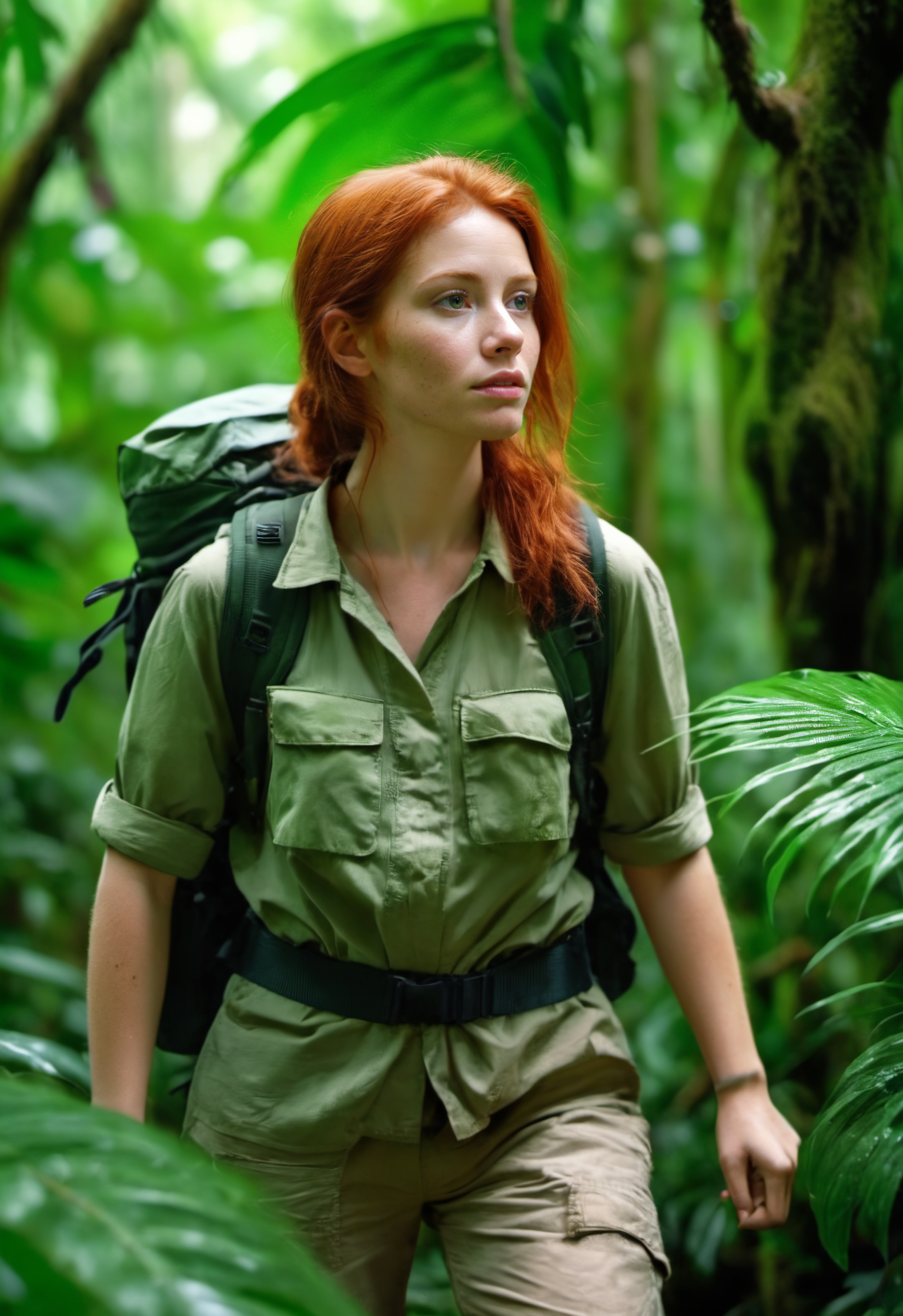 Lush rainforest expedition, 25yo woman, redhead, explorer attire, dense rainforest, midday, 4k, adventurous trek, green foliage, natural explorer, high-quality jungle scene, vibrant ecosystem, high-definition, exotic, serene nature, clear lighting, wild and untouched, adventurous, refreshing.