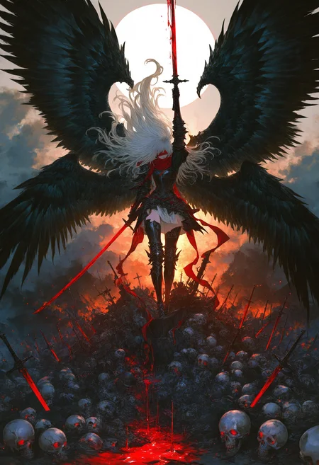 Dynamic illustration, full body, blindfolded swordsman with white hair, long flowing wild hair, wielding a katana up with dripping blood, double wings, giant wings, feathers falling, battlefield, pile skulls, dark fantasy, dramatic lighting, highly detailed armor, flowing red scarf, art by Yoshitaka Amano and Ayami Kojima, intricate details, masterpiece, best quality, absurdres, very aesthetic, very awa, newest, 748cmstyle, usnr, gbf_style, <lora:add-detail-xl:1>, <lora:745cmSDXLvpred75S:0.8>, <lora:USNR STYLE_XL_loha:0.5>, <lora:GBF_Illustrious:0.5>, <lora:spo_sdxl_10ep_4k-data_lora_webui:0.6>