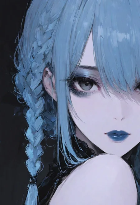 masterpiece, best quality, 1girl, solo, looking at viewer, blue hair,  dark blue lips,  braid, hazel eyes,
black and white, 
close up,