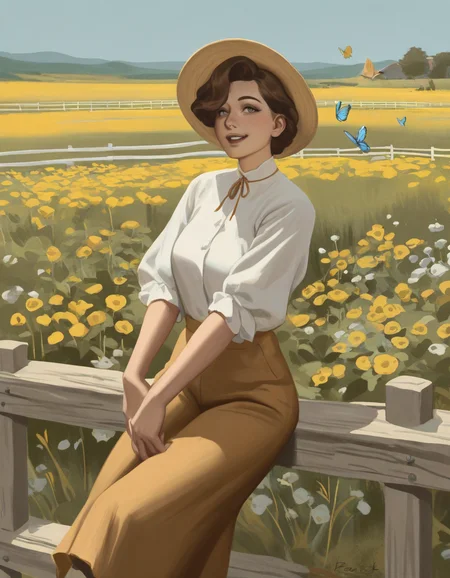 by reznicek, newest, masterpiece, best quality, absurdres, highres, 1girl, farmer, sitting-on-fence, cowboy-shot, outside, flowers, butterflies, spotlight