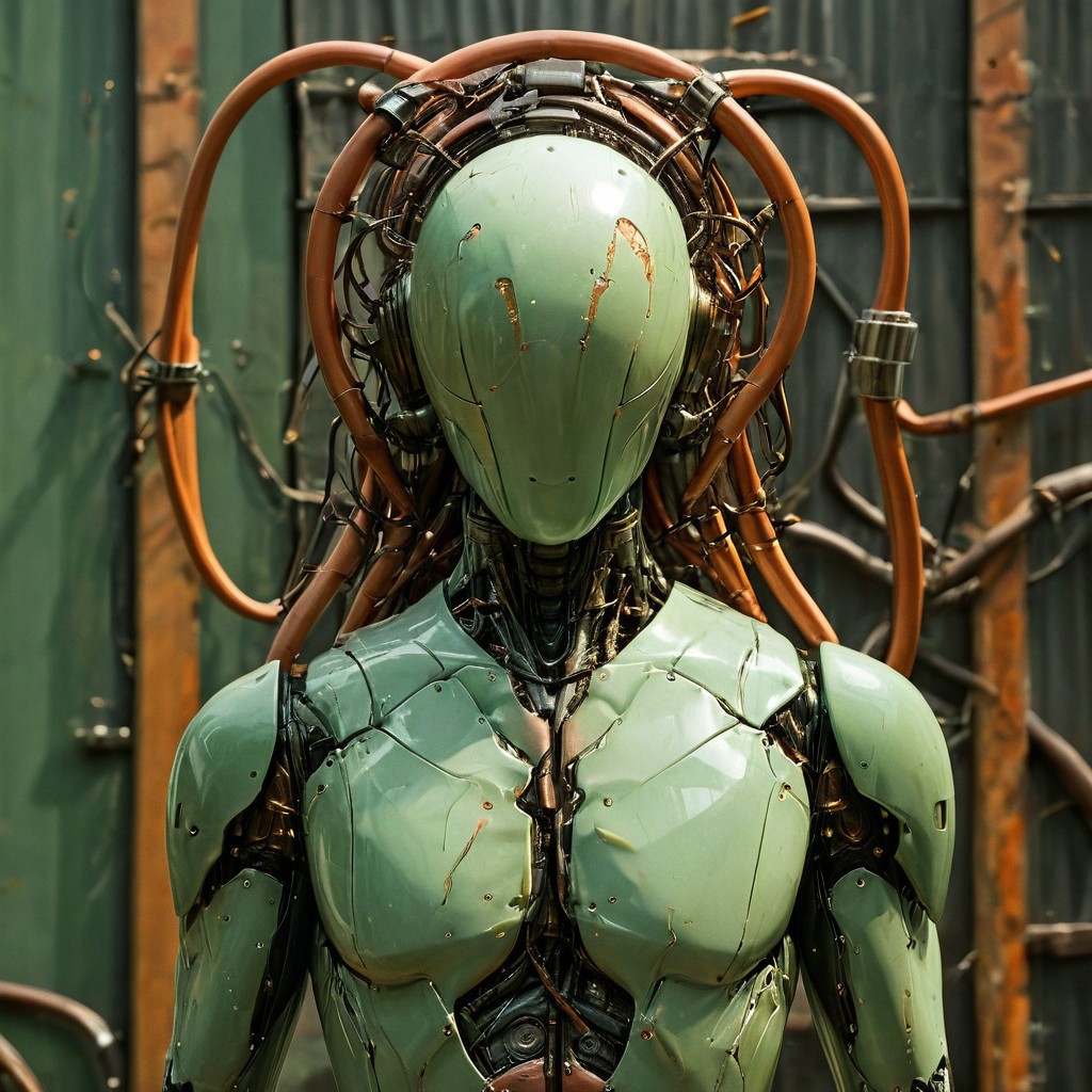cowboy shot, front view, a retro-futurist robot medusa walking outside, garden visible in background, leafy vine crawling on her body, (crown of snakes coming out of the top of her head made of many large tarnished copper tubes), her robotic body is inhuman and made of pieces of metal and panels of greenish plastic with visible pistons and tubes, she has noface, no face with eyes hidden behind cyborg visor, (bright and large orange lights:1.2), the sunlight glints off of the shining metal and plastic