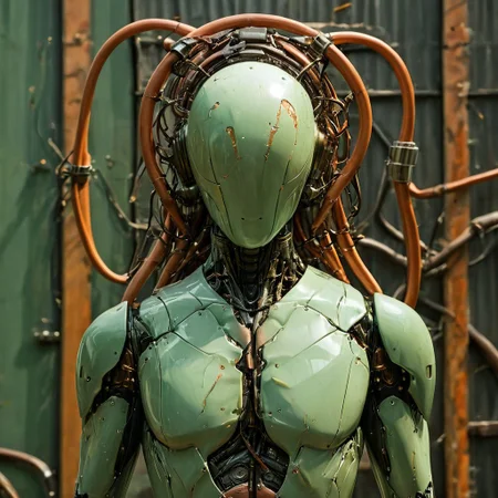 cowboy shot, front view, a retro-futurist robot medusa walking outside, garden visible in background, leafy vine crawling on her body, (crown of snakes coming out of the top of her head made of many large tarnished copper tubes), her robotic body is inhuman and made of pieces of metal and panels of greenish plastic with visible pistons and tubes, she has noface, no face with eyes hidden behind cyborg visor, (bright and large orange lights:1.2), the sunlight glints off of the shining metal and plastic