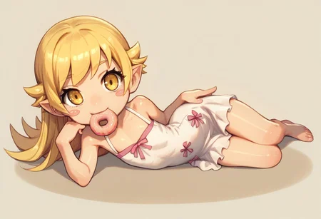cute , Oshino_Shinobu , yellow_eyes, blonde_hair, long_hair, flat_chest, pointy_ears, blush_stickers, white_dress , Chibi , eating donut , full body , laying on side ,
zPDXL3 , score_9 , score_8 , score_7 , score_6_up , highly detailed , high quality , high res , masterpiece, quality highlights, 8k detail, ultra-detailed,