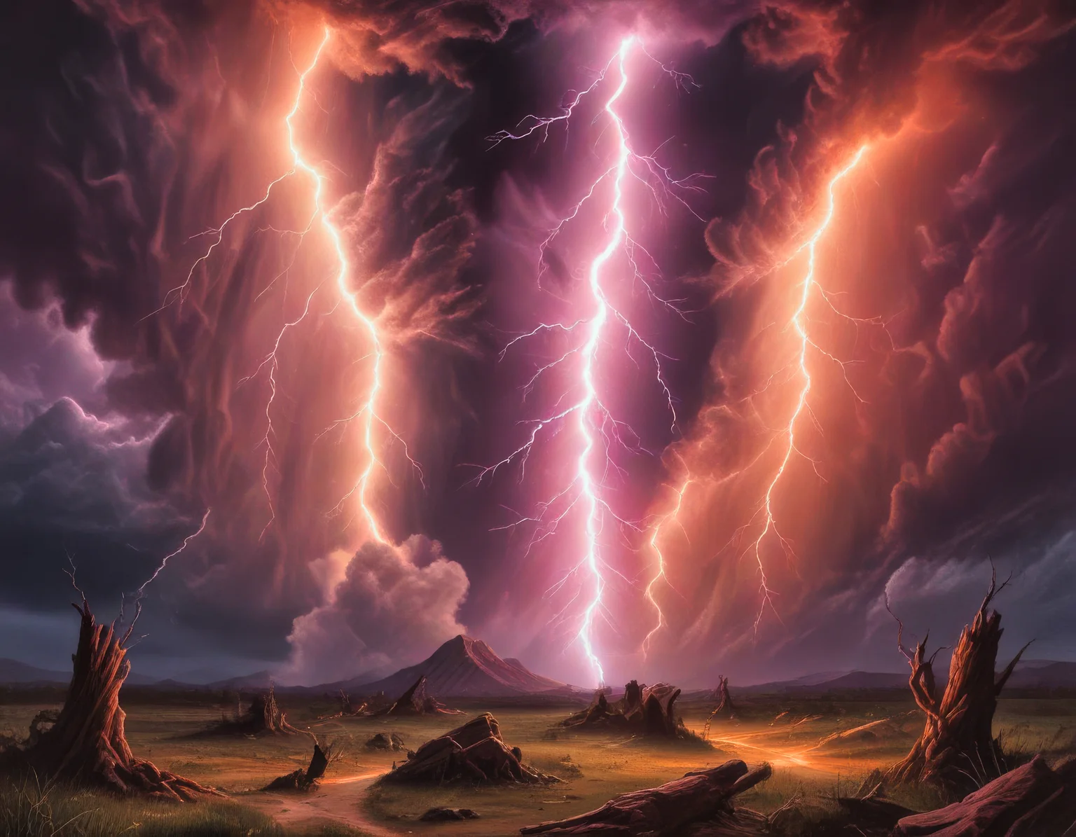 lightning strikes once, twice, this time maybe thrice. ominous bolts descend  the sky, landing to create a violent and beautiful electric glow. divine judgement to punish those in their cowardice