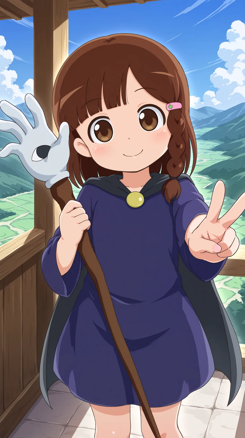 masterpiece, best quality, amazing quality, very aesthetic,  absurdres, best quality, 4k, upscale, indoors, slightly side, dynamic pose, foreshortening, v, outdoors, sky, landscape, magic,  riri, 1girl, brown hair, solo, smile, braid, brown eyes, staff,  hair ornament,  holding, looking at viewer, dress, hairclip, holding staff, blush, bangs, cape, closed mouth, blue dress, side braid, blunt bangs, single braid  <lora:Riri_ILv2:0.8>