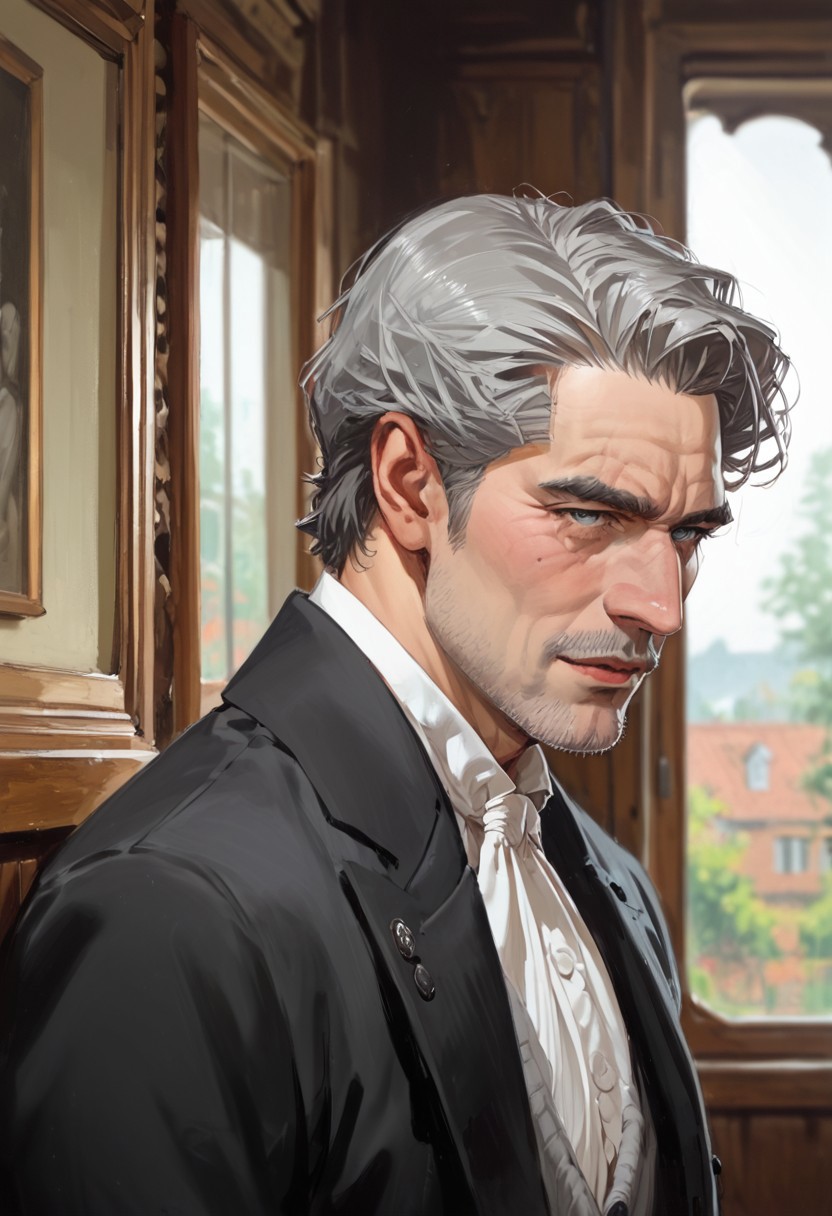 score_9, score_8_up, score_7_up, score_6_up, Expressiveh, Th1sUs3r, ph4nt0m01l, 1boy, solo, portrait, upper body, mature man, short gray hair, gray beard, gray eyes, wrinkles, black suit, standing, Victorian station