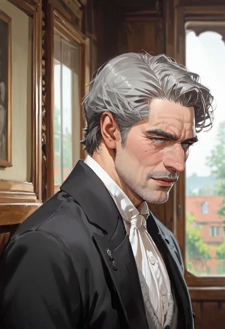 score_9, score_8_up, score_7_up, score_6_up, Expressiveh, Th1sUs3r, ph4nt0m01l, 1boy, solo, portrait, upper body, mature man, short gray hair, gray beard, gray eyes, wrinkles, black suit, standing, Victorian station