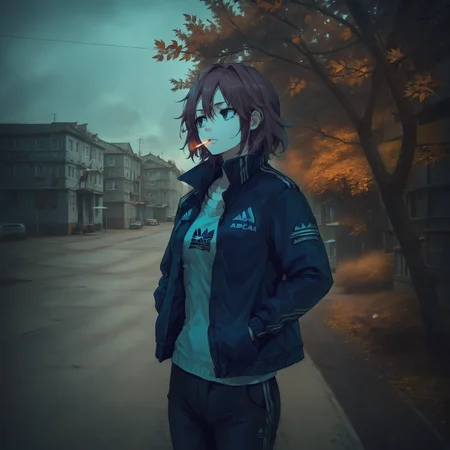 score_9, score_8_up, score_7_up, source_anime, (animeirl), jacket, pants, adidas,1girl, young female, cigarette, thinking, outdoors, autumn,solo, <lora:Animeirl v3 GLoRA PDXL Anzhc:1.1>,<lora:lowlight:0.7>, hands in pockets,