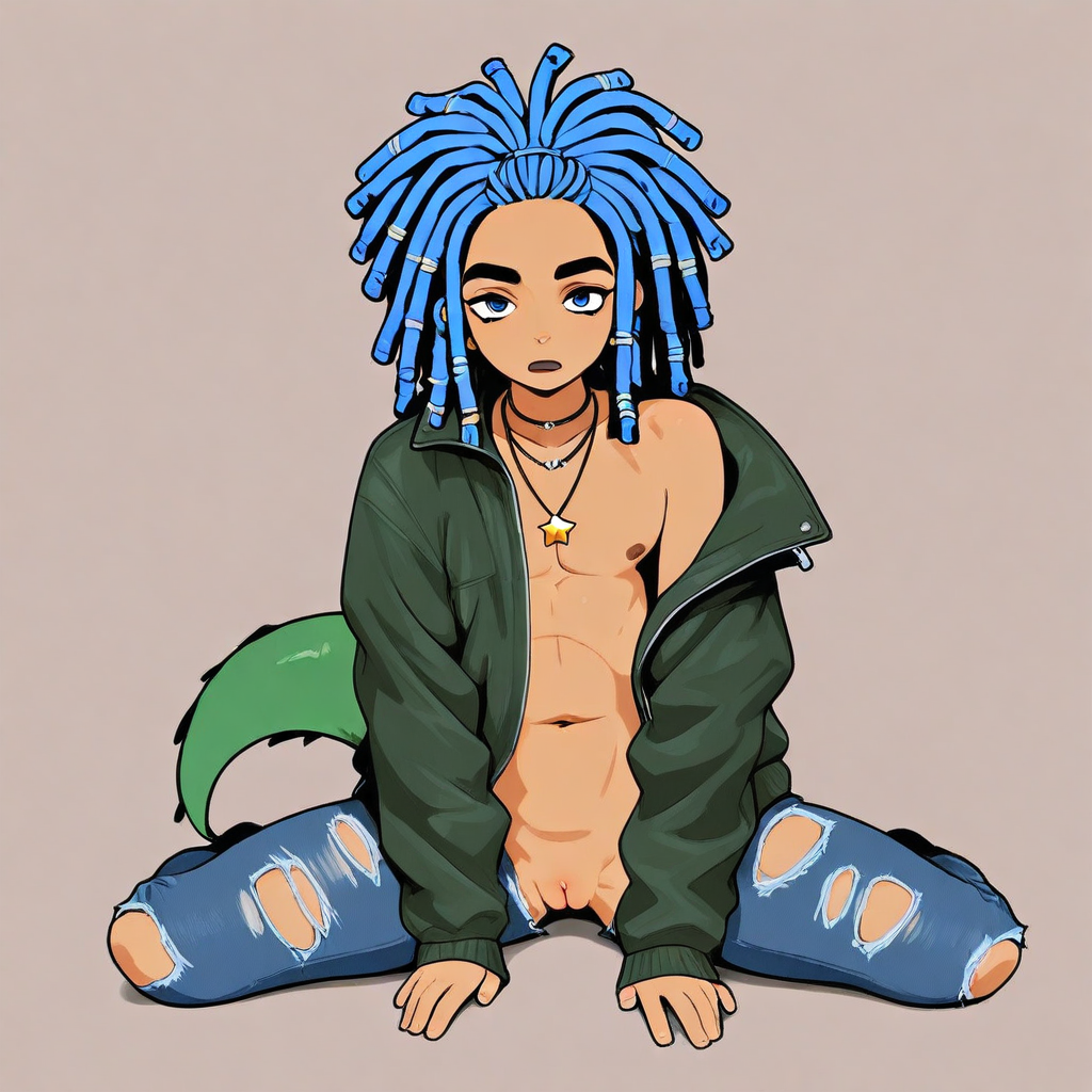 torn pants, nude, pussy, blue hair, Dreadlocks, Star, male focus, meme attire, Necklace, jacket, green tail