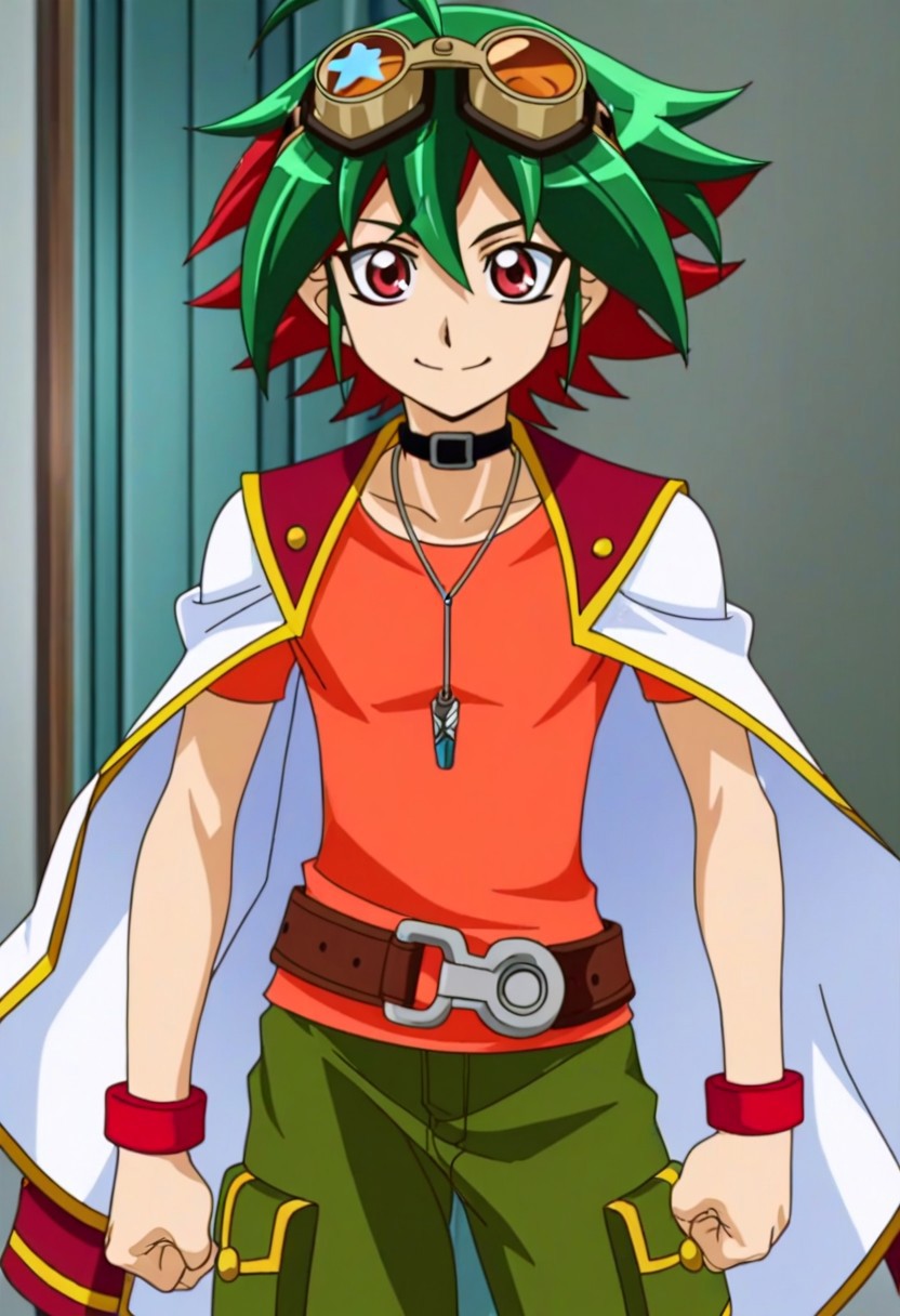 Anime, anime screencap, anime coloring, official art, ((1male only, 1boy only, male focus, one male character only, single male character only, single illustration only)), bishonen, handsome, attractive, cute, sexy, good-looking, tall body, tall height, slim figure, Yuya Sakaki, two-tone hair, multicolored hair, green and red hair, ahoge, goggles on head, red eyes, choker, pendant, orange t-shirt, ((blazer over shoulders)), red wristbands, belt, green baggy pants, cowboy shot, head to hips shot, happy, smile, front view, facing front