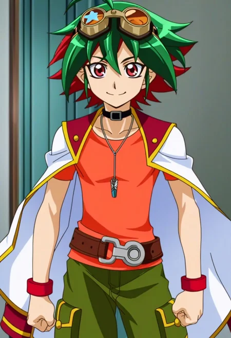 Anime, anime screencap, anime coloring, official art, ((1male only, 1boy only, male focus, one male character only, single male character only, single illustration only)), bishonen, handsome, attractive, cute, sexy, good-looking, tall body, tall height, slim figure, Yuya Sakaki, two-tone hair, multicolored hair, green and red hair, ahoge, goggles on head, red eyes, choker, pendant, orange t-shirt, ((blazer over shoulders)), red wristbands, belt, green baggy pants, cowboy shot, head to hips shot, happy, smile, front view, facing front