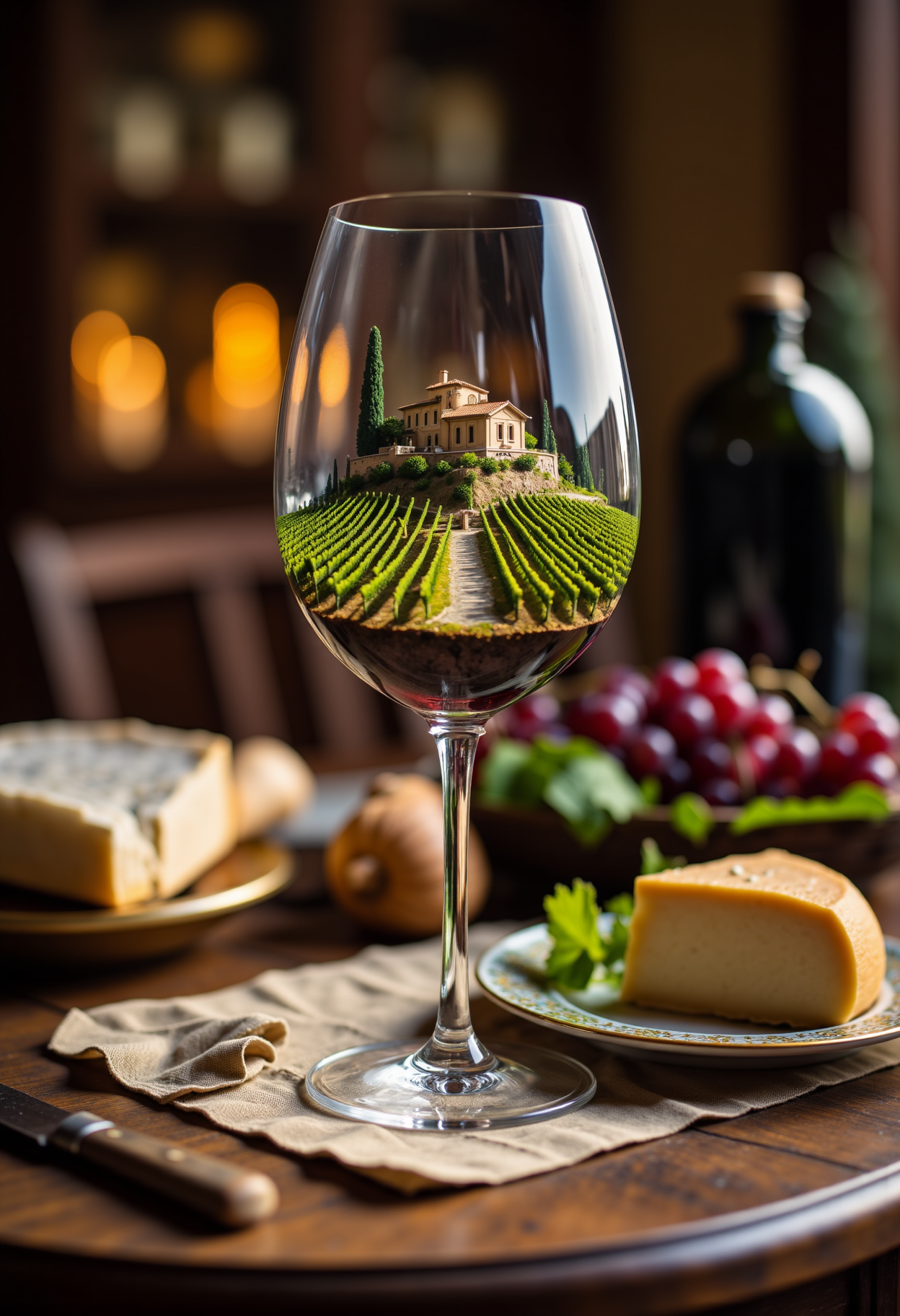A close up detailed photo of a wine glass siting on a rustic table at a farmhouse in Tuscany, inside of the wine glass is another world and a miniature vineyard and Tuscan villa, on the table next to the glass are some grapes an ornate plate a knife a cloth napkin and some cheese, aidmaHyperrealism, <lora:aidmaHyperrealismv0.3:0.8> <lora:FluxDFaeTasticDetails:0.8>