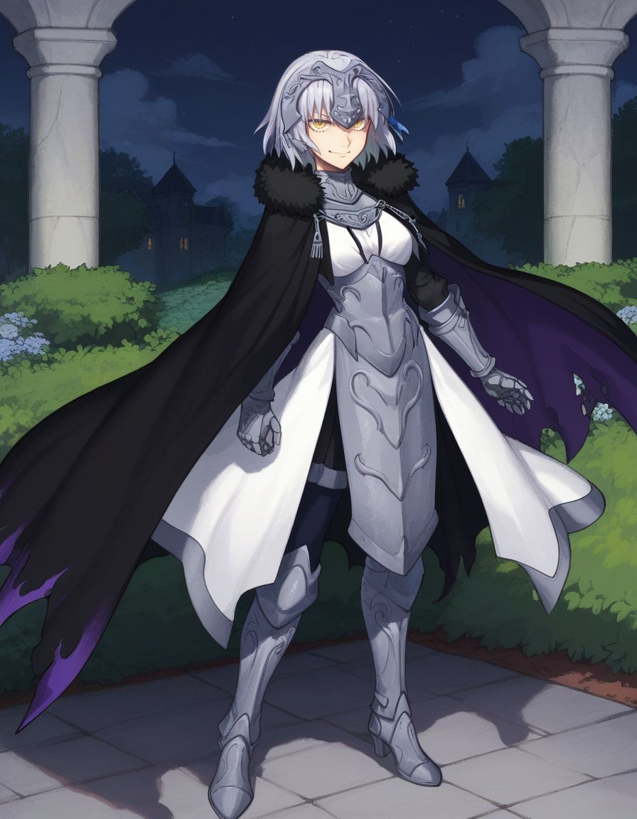 score_9, score_8_up, score_7_up, masterpiece, 
<lora:FSR:1>, light smile, 
fsr, 1girl,solo,breasts,looking at viewer,short hair,bangs,night, garden, seiza, medium breasts, closed mouth, yellow eyes, full body, grey hair, cape, armor, fur trim, chain, headpiece, armored dress, black cape, jeanne d'arc alter (fate), jeanne d'arc alter (avenger) (fate)