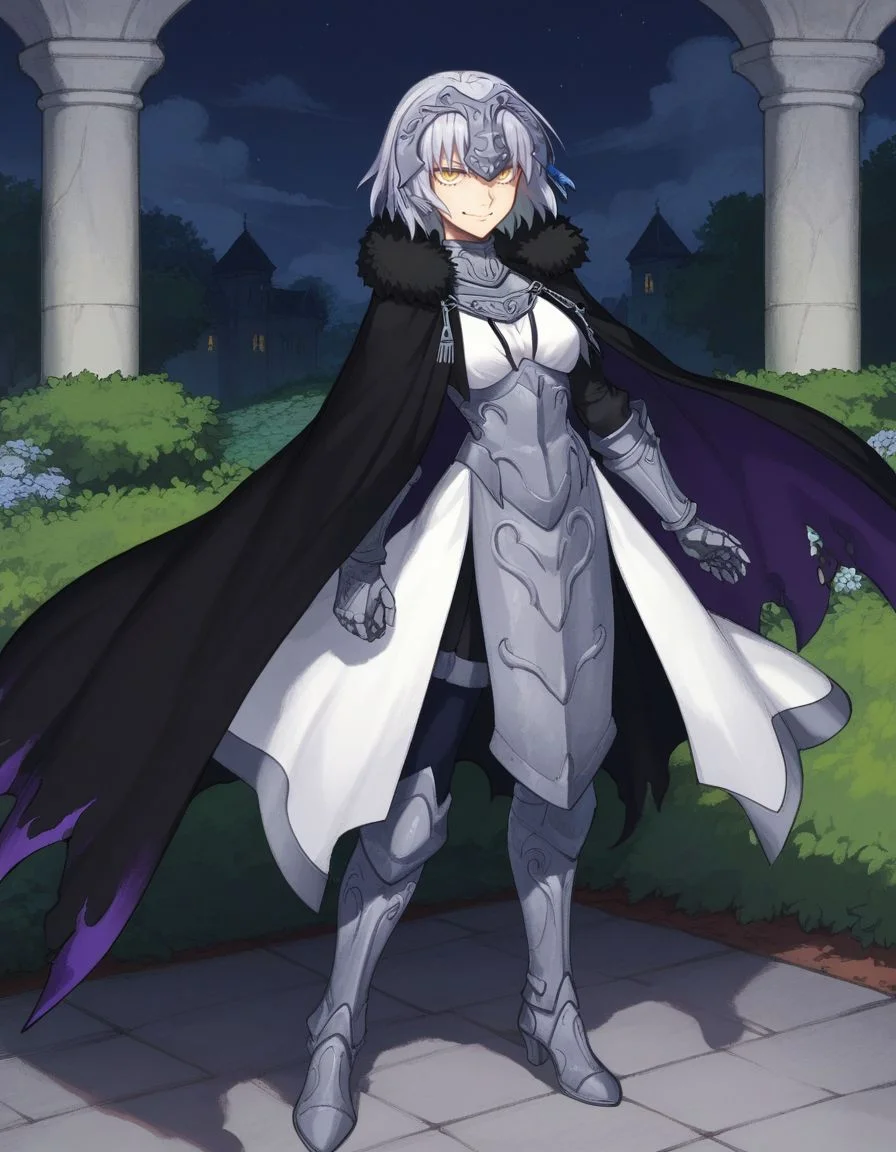 score_9, score_8_up, score_7_up, masterpiece,
<lora:FSR:1>, light smile,
fsr, 1girl,solo,breasts,looking at viewer,short hair,bangs,night, garden, seiza, medium breasts, closed mouth, yellow eyes, full body, grey hair, cape, armor, fur trim, chain, headpiece, armored dress, black cape, jeanne d'arc alter (fate), jeanne d'arc alter (avenger) (fate)
