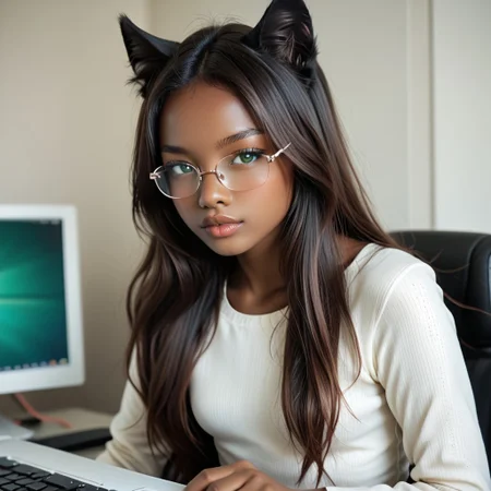1 GRIL, ebony , anime girl, small breasts, ONE GIRL, ALONE, dark skin, bright emerald green eyes, long straight black hair, symmetrical face, small nose, natural lips, cat ears, DARK SKIN, long hair , realistic, masterpiece, best quality, beautiful girl , wearing glasses, dewearing glasses, white shirt, working on computer