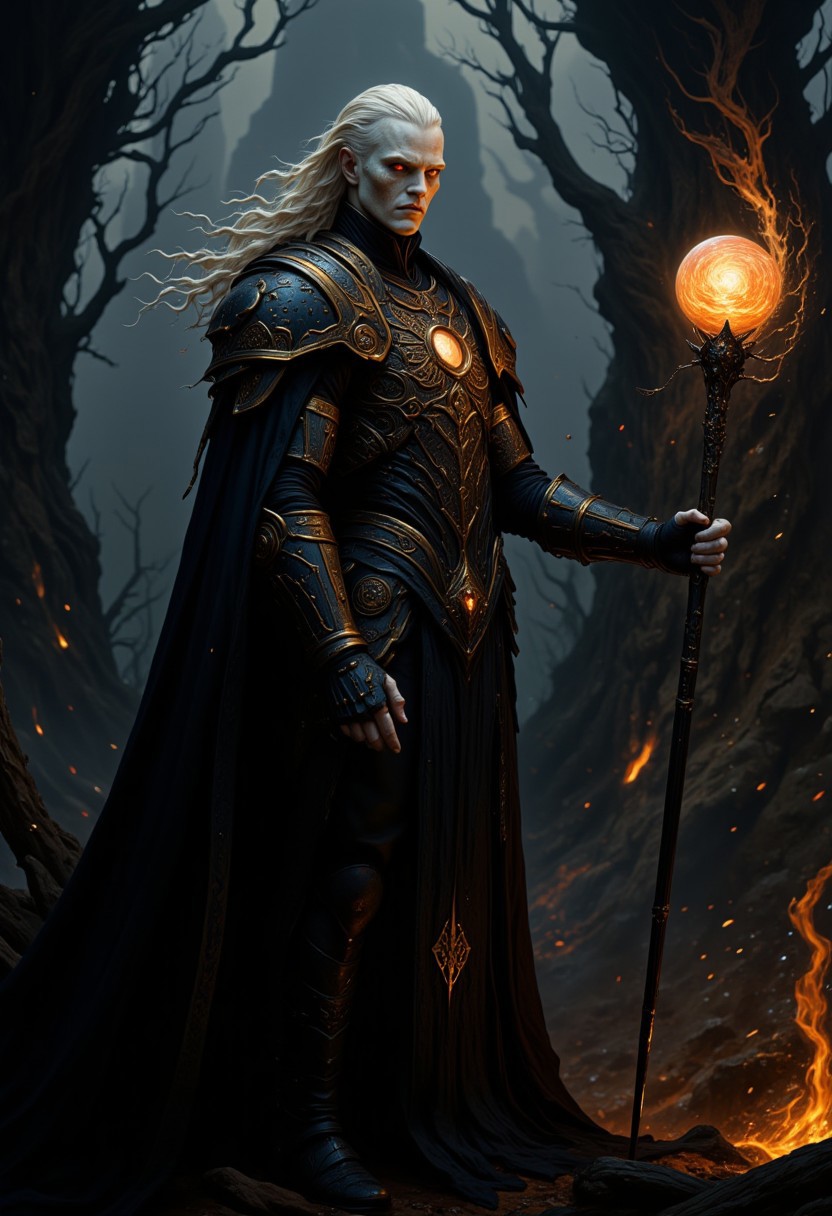highly detailed cinematic photo, A tall, androgynous figure with ghostly pale skin and flowing white hair stands in a portrait shot. Their glowing red eyes pierce through the darkness, framed by ornate dark armor with gold detailing on the shoulder plates and breastplate. A billowing dark cloak partially obscures their form, adding movement to the stillness. They hold a long staff topped with a swirling fiery orb in their right hand, casting a warm glow against the dark, twisted trees in the background. Embers float in the air, creating a mystical and intense atmosphere