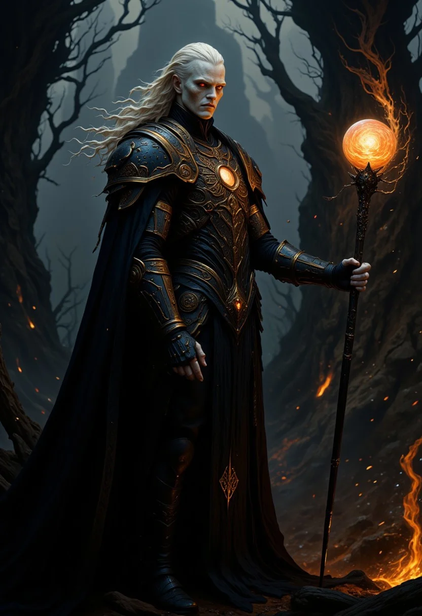 highly detailed cinematic photo, A tall, androgynous figure with ghostly pale skin and flowing white hair stands in a portrait shot. Their glowing red eyes pierce through the darkness, framed by ornate dark armor with gold detailing on the shoulder plates and breastplate. A billowing dark cloak partially obscures their form, adding movement to the stillness. They hold a long staff topped with a swirling fiery orb in their right hand, casting a warm glow against the dark, twisted trees in the background. Embers float in the air, creating a mystical and intense atmosphere