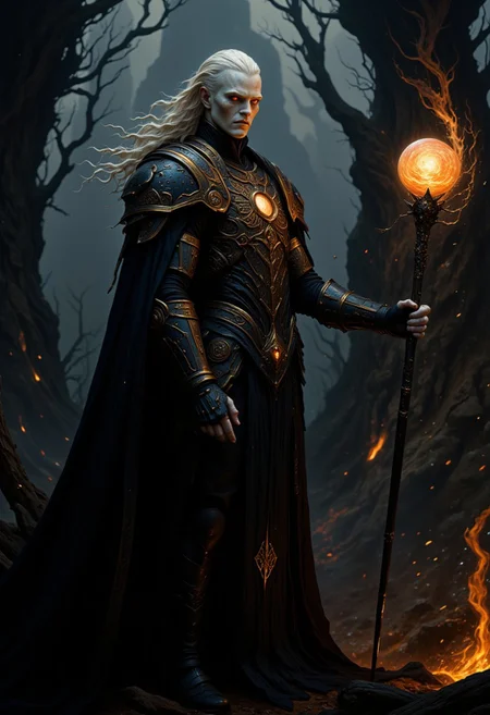 highly detailed cinematic photo, A tall, androgynous figure with ghostly pale skin and flowing white hair stands in a portrait shot. Their glowing red eyes pierce through the darkness, framed by ornate dark armor with gold detailing on the shoulder plates and breastplate. A billowing dark cloak partially obscures their form, adding movement to the stillness. They hold a long staff topped with a swirling fiery orb in their right hand, casting a warm glow against the dark, twisted trees in the background. Embers float in the air, creating a mystical and intense atmosphere