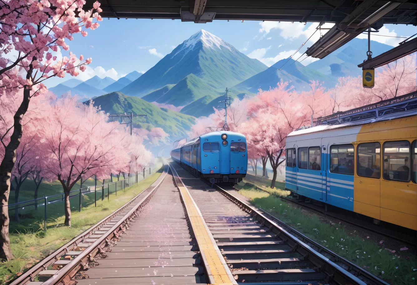 ,ruanyi0802,train station,cherry blossoms,blue sky,mountain,<lora:802 Sakura Train Station_v1_pony:1>, score_9,score_8_up,score_7_up,,8k,1girl,solo,,