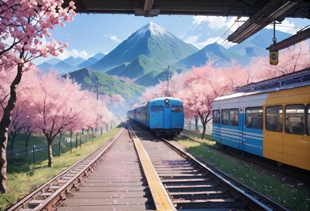 ,ruanyi0802,train station,cherry blossoms,blue sky,mountain,<lora:802 Sakura Train Station_v1_pony:1>, score_9,score_8_up,score_7_up,,8k,1girl,solo,,