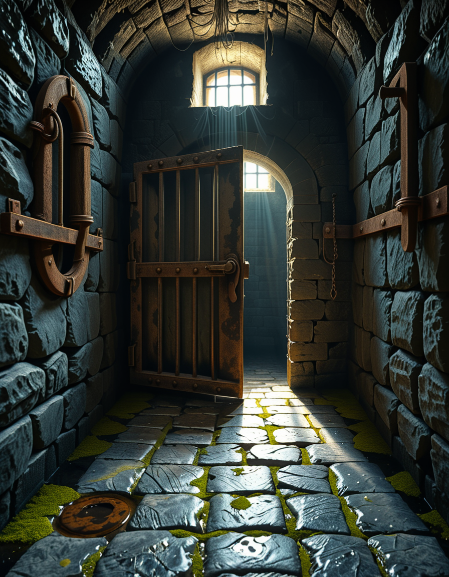 A highly detailed, hyper-realistic photograph of a dark medieval dungeon prison cell. The scene is dimly lit by a single flickering torch mounted on a damp stone wall, casting eerie shadows across the rough, moss-covered stones. Heavy, rusted iron bars form the cell door, slightly ajar, with visible corrosion and ancient padlocks. Inside the cell, there is a straw-covered floor, old wooden buckets, and a crude, splintered wooden bench against the back wall. Chains and manacles hang loosely from the walls, showing signs of long-term use. The atmosphere is cold, humid, and oppressive, with faint light rays piercing through tiny cracks in the stone ceiling. Cobwebs stretch across the corners of the cell, and faint water drips from above, creating small puddles. The overall mood is grim, desolate, and foreboding. Photorealistic style, with high dynamic range (HDR) lighting and extreme attention to textures like rust, moisture, and decay.
<lora:SDXLFaeTastic2400:0.4> <lora:extremely_detailed:0.4> extremely detailed,<lora:medieval_dungeon_pr1s0n_c3ll:1>,medieval dungeon pr1s0n c3ll, Masterpiece,best quality,hi res,8k,hi res,8k,award winning,(sharp focus, intricate, highly detailed),