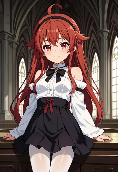 score_9, score_8_up, score_7_up,Eris_Greyrat, red_eyes, red_hair, ahoge, hair_between_eyes, hair_flaps, small_breasts, bare_shoulders, black_hairband, black_bow, white_shirt, white_dress, wide_sleeves, brown_skirt, white_pantyhose,indoors, castle, windy,strong winds, shirt tug,slight smile, anime screencap