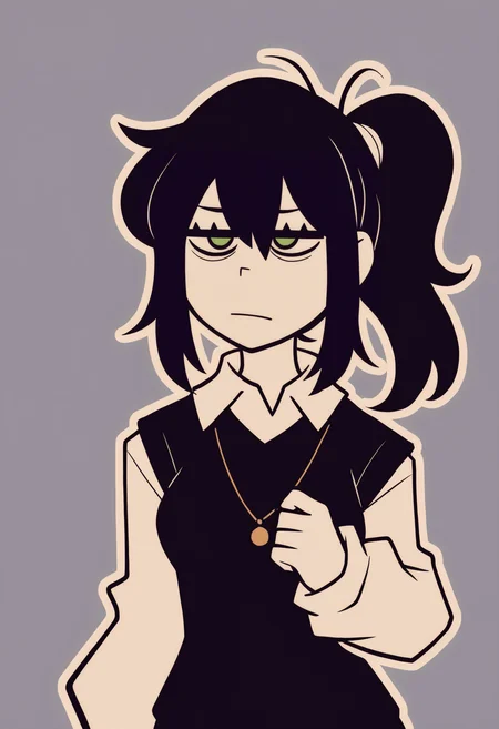 masterpiece, best quality, very aesthetic, absurdres, outline, BREAK
1girl, reneegr, black hair, ponytail, sidelocks, long hair, green eyes, jitome,
necklace, collared white shirt, black sweater vest,
upper body, standing, looking at viewer, solo, simple background, grey background <lora:ReneeGravesNoobXL_byKonan:1>