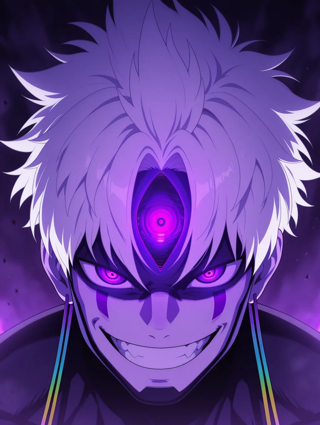 masterpiece, best quality, amazing quality, Evil eye, evil smile, grin, 1boy, white hair, facial mark, teeth